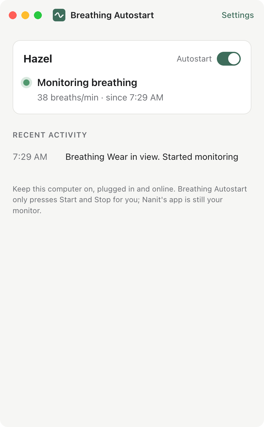Breathing Autostart window: Hazel, Monitoring breathing, 38 breaths per minute