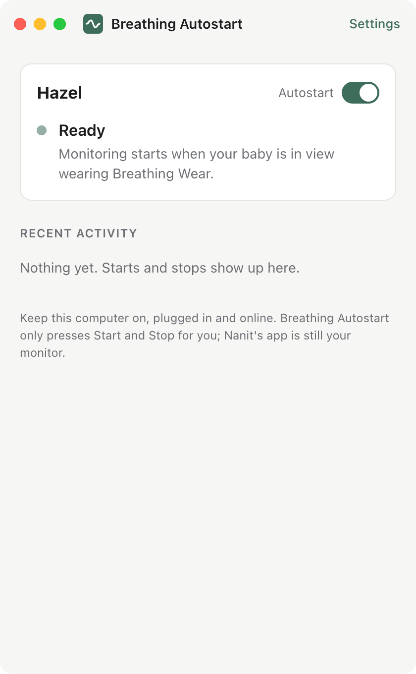 Ready: monitoring starts when your baby is in view wearing Breathing Wear