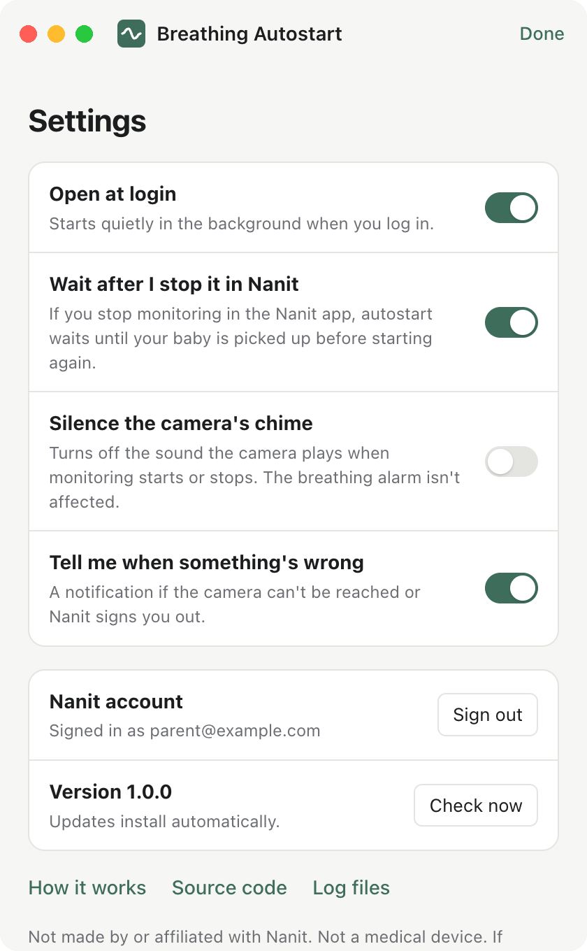 Settings: open at login, wait after a stop in Nanit, silence the chime, notifications