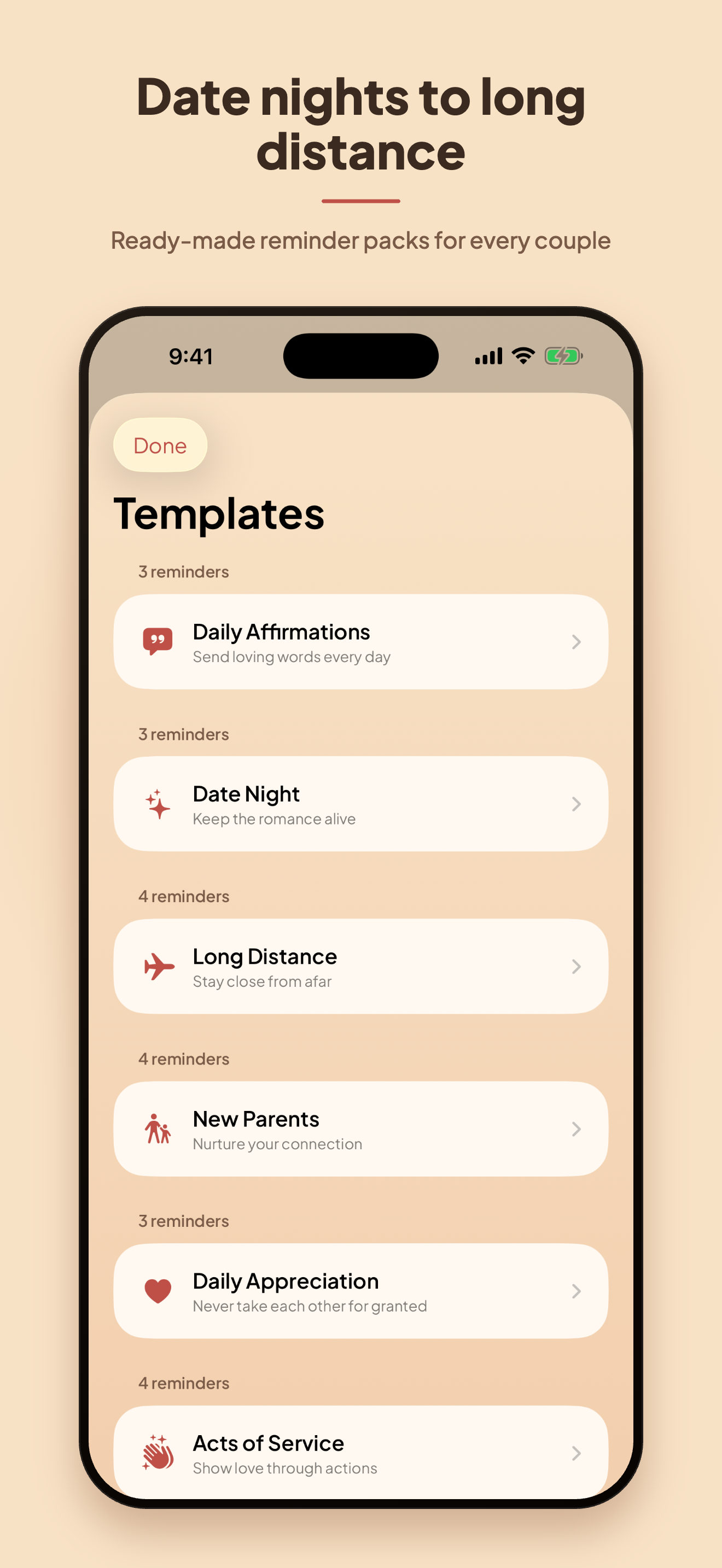 Templates &mdash; curated reminders for date nights, long distance, and more