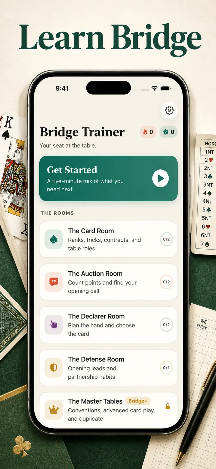 Practice, not pressure. The four bridge practice rooms on the home screen