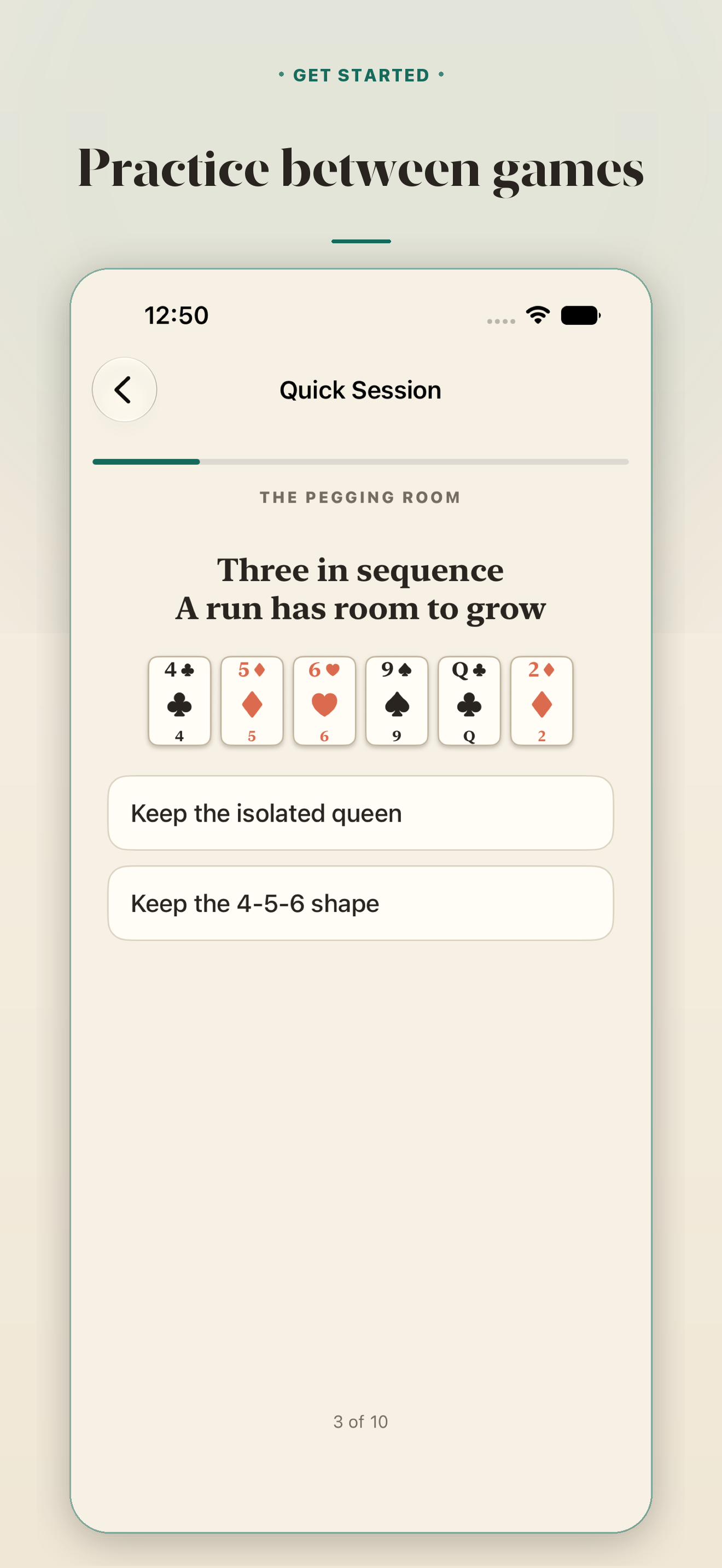 Five-minute reps. &middot; A quick cribbage practice session in progress