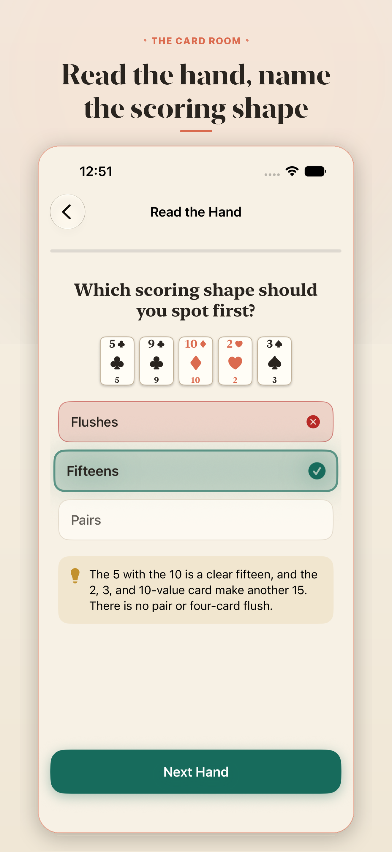 Read the hand. &middot; Matching five cards to the scoring shape they show