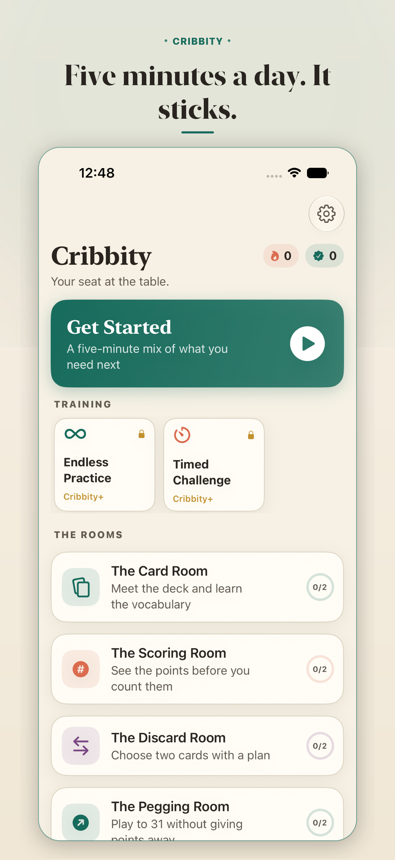 Four practice rooms. &middot; The Cribbage Trainer home screen and streak