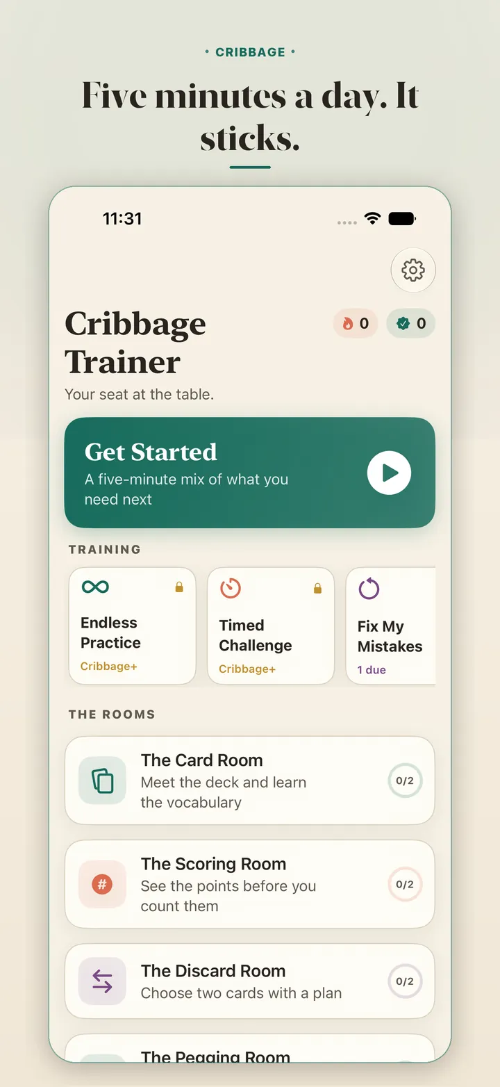 Four practice rooms. &middot; The Cribbage Trainer home screen and streak