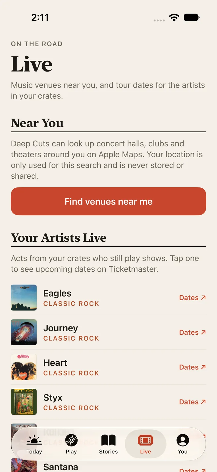 Live. Music venues near you and the artists from your crates still on tour
