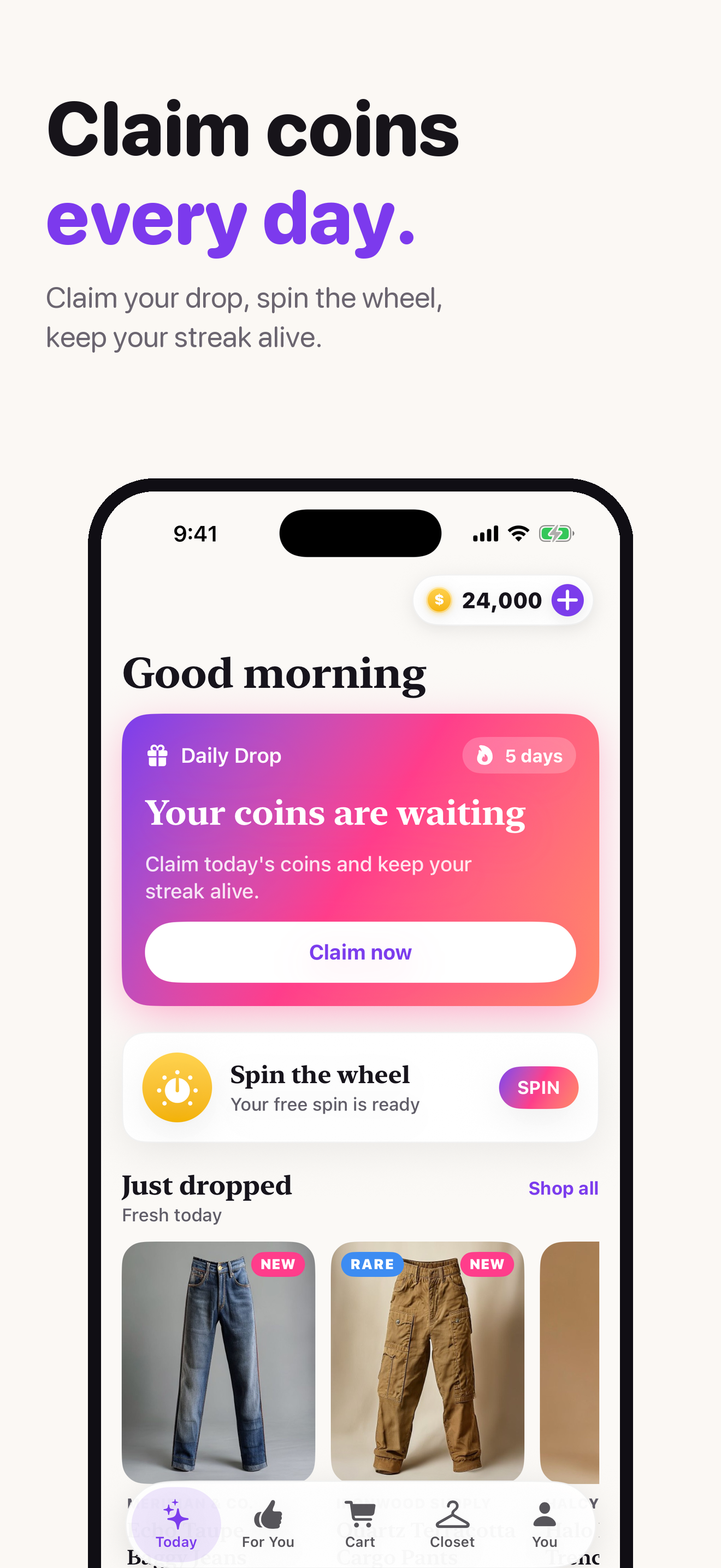 Free coins every day. &mdash; Daily coin drop and streak