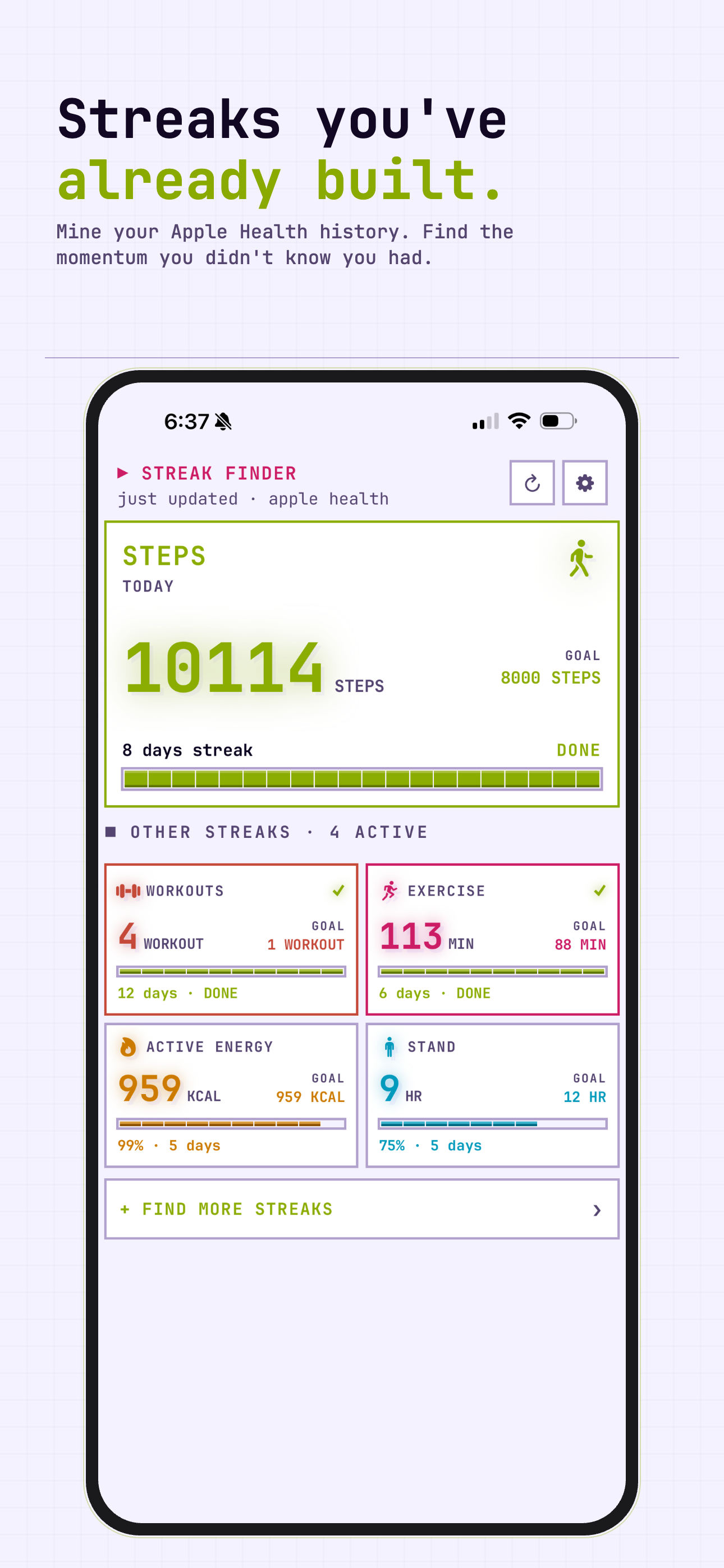 Your streaks, found. &mdash; hero streak and daily steps on the home screen