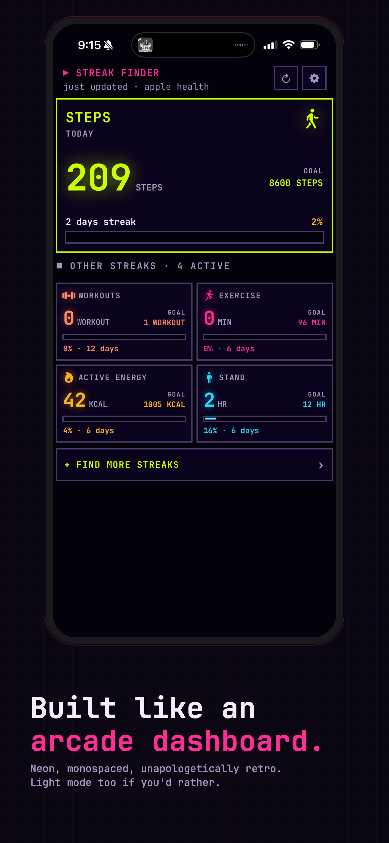 Dark mode. &mdash; the home screen at night