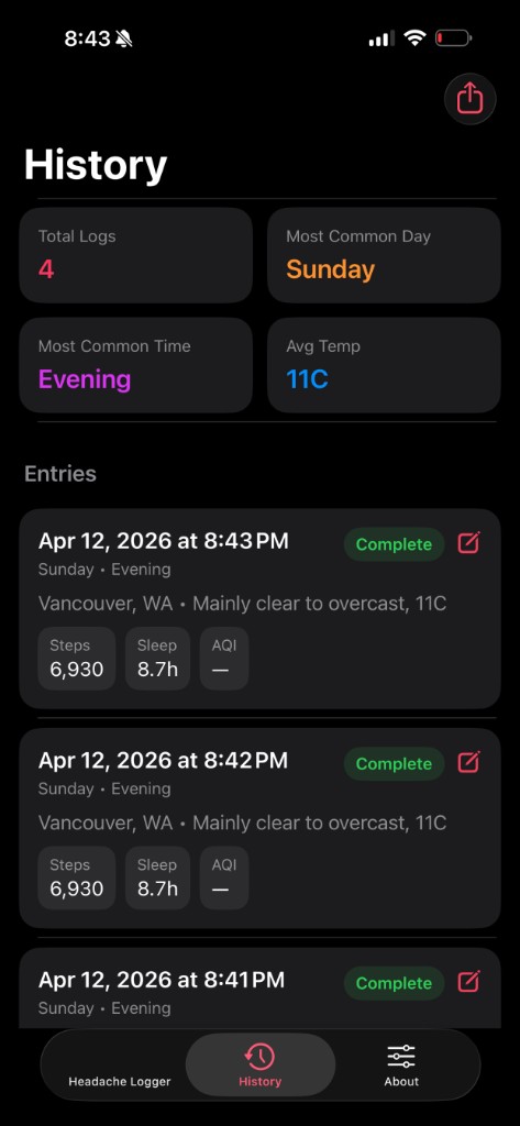 One Tap Headache Tracker History on iPhone: summary stats and list of past entries with context.