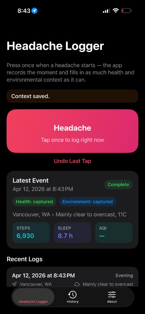 One Tap Headache Tracker on iPhone: main screen with Log headache button, latest event summary, and recent logs.