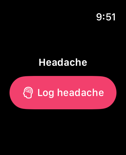 One Tap Headache Tracker on Apple Watch: Log headache button on the main screen.