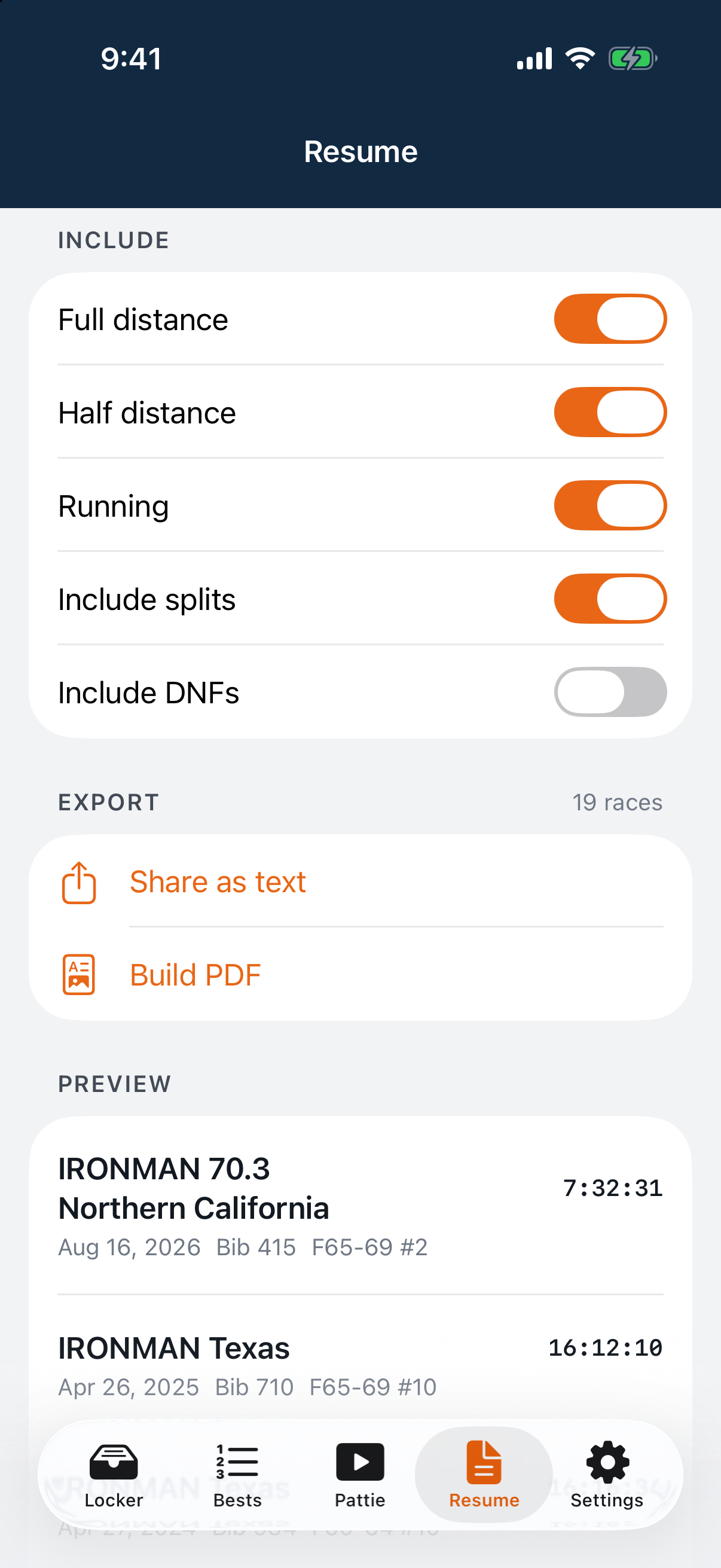 Choose which races and splits to include in a shareable resume
