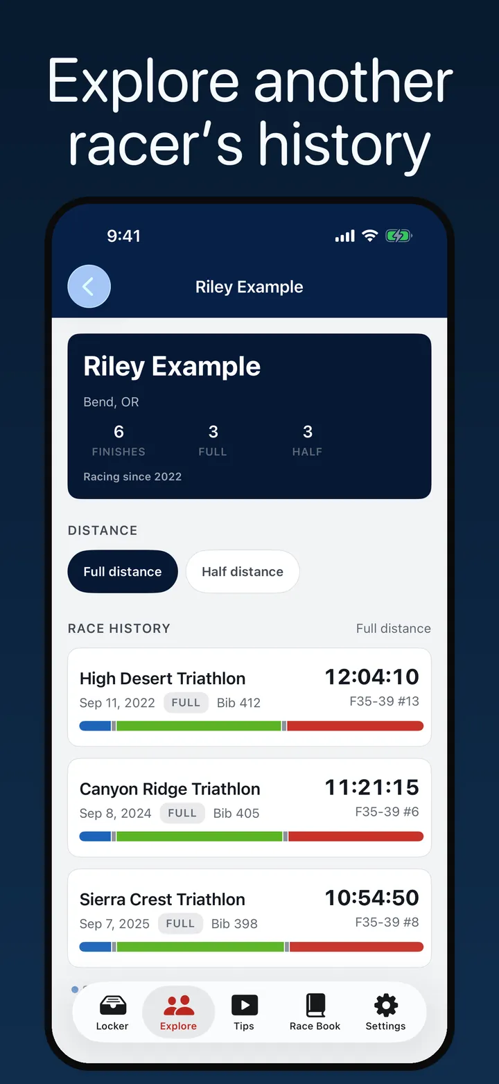 A separate Explore profile with Riley Example's full and half-distance race history