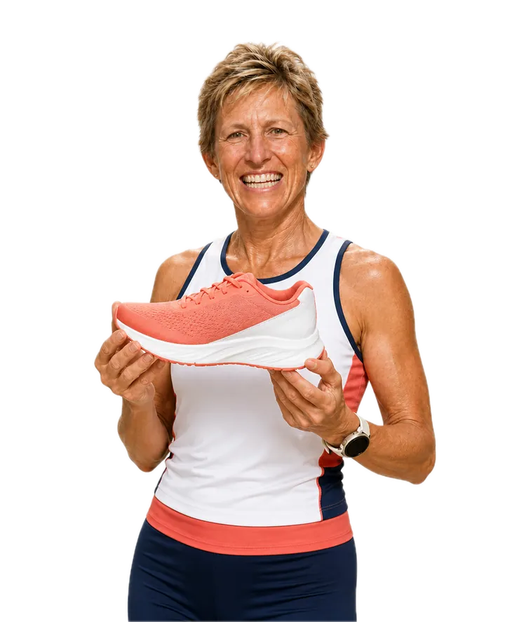 Pattie holding a running shoe