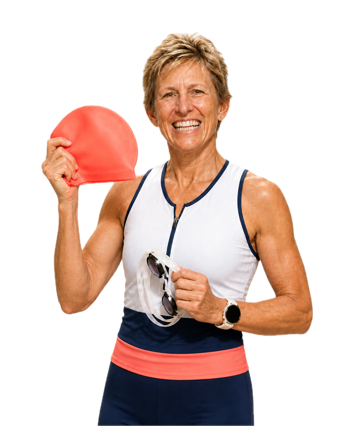 Pattie holding a swim cap