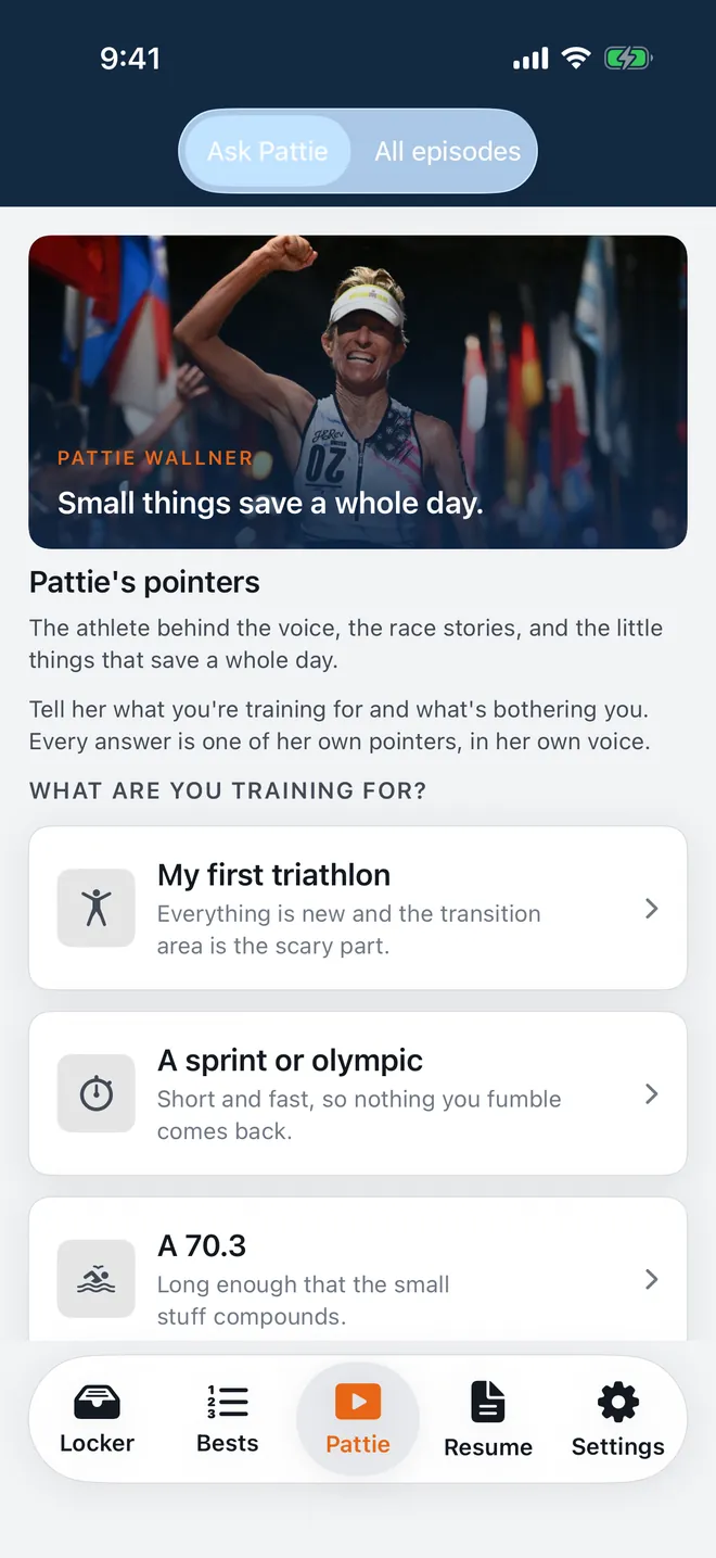 The Ask Pattie screen, choosing the race you are training for