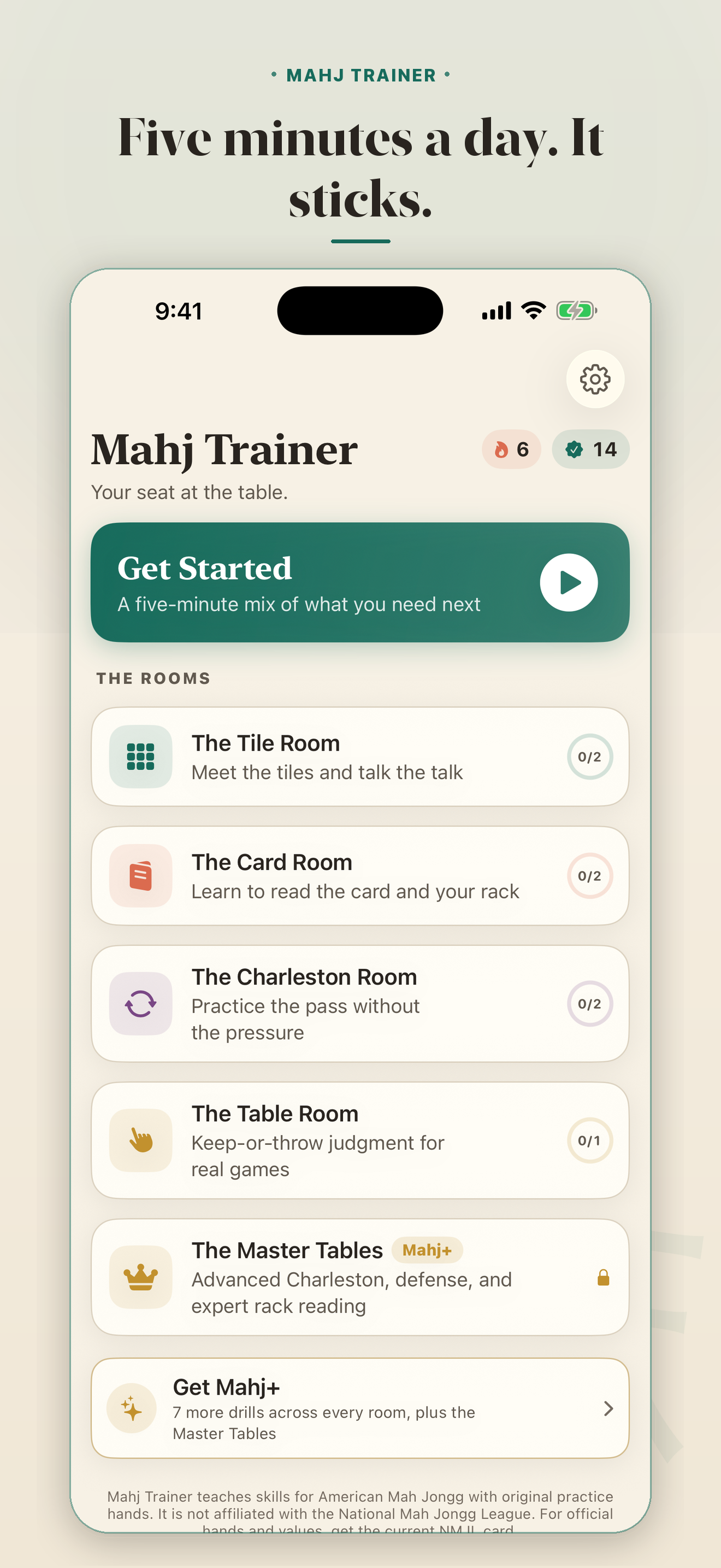 Four practice rooms. &mdash; The Mahj Trainer home screen and streak