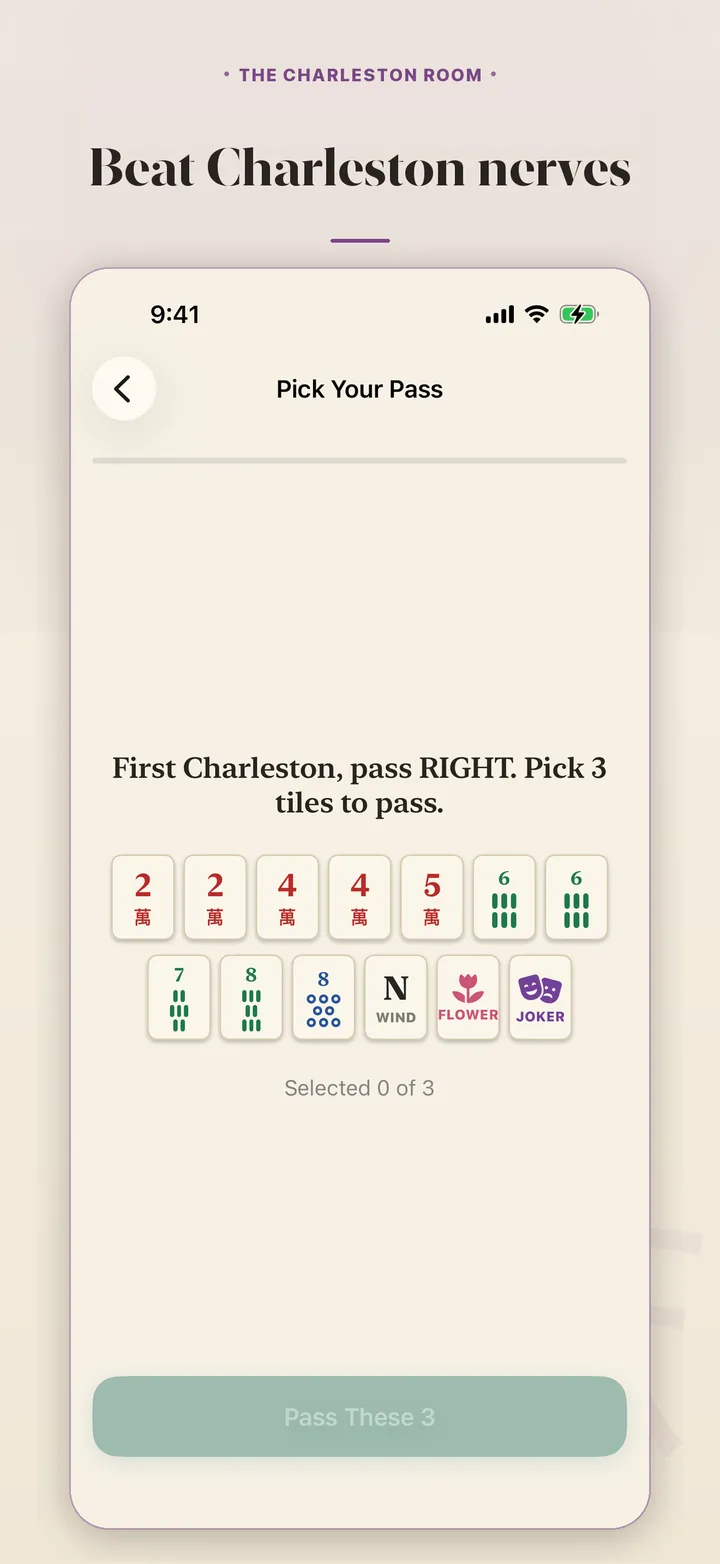 The Charleston, calmly: picking three tiles to pass on a real deal