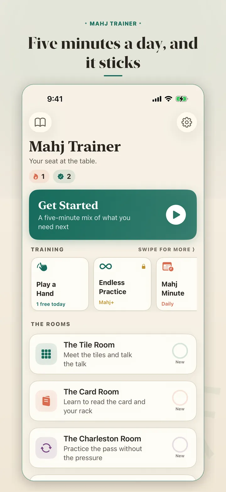 Four practice rooms: the Mahj Trainer home screen and streak