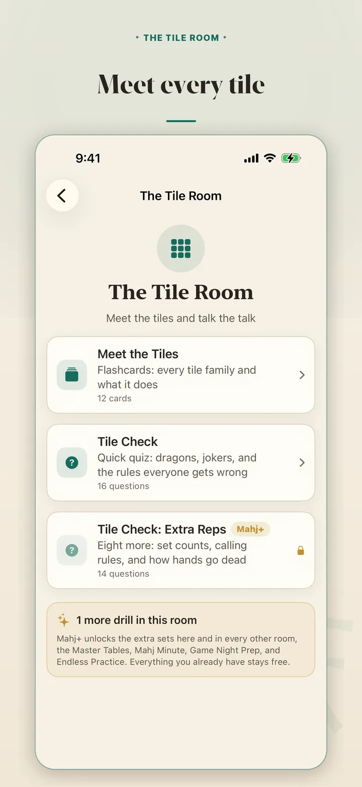 Every tile family: the Tile Room covering craks, bams, dots, winds, dragons, flowers, and jokers