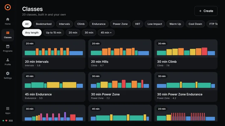 The Bike+ workout library with built-in intervals, climbs, endurance, power zone, and recovery rides.