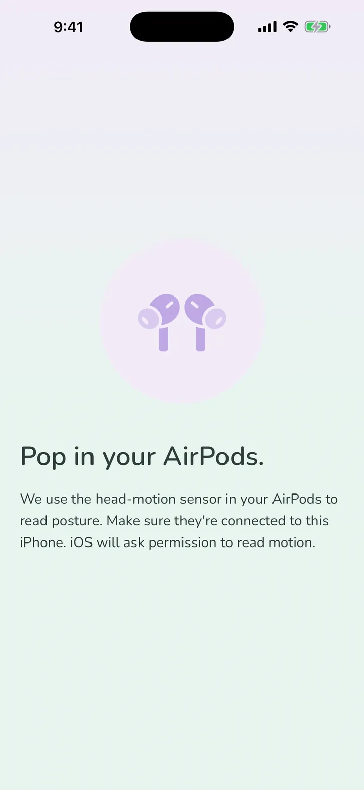 Live posture status. Real-time alignment reading from your AirPods, right on the Today screen