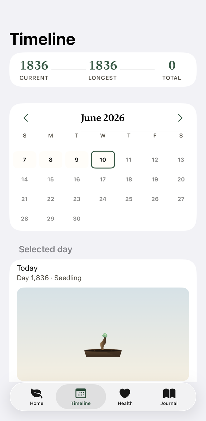 Nicotine-free calendar: color-coded days with current and longest streaks