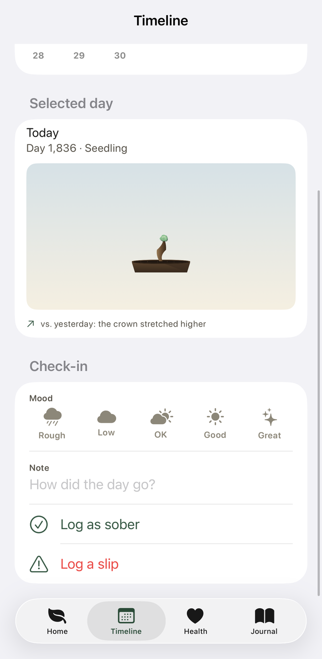 Daily check-in: log your mood, add a note, and water your bonsai