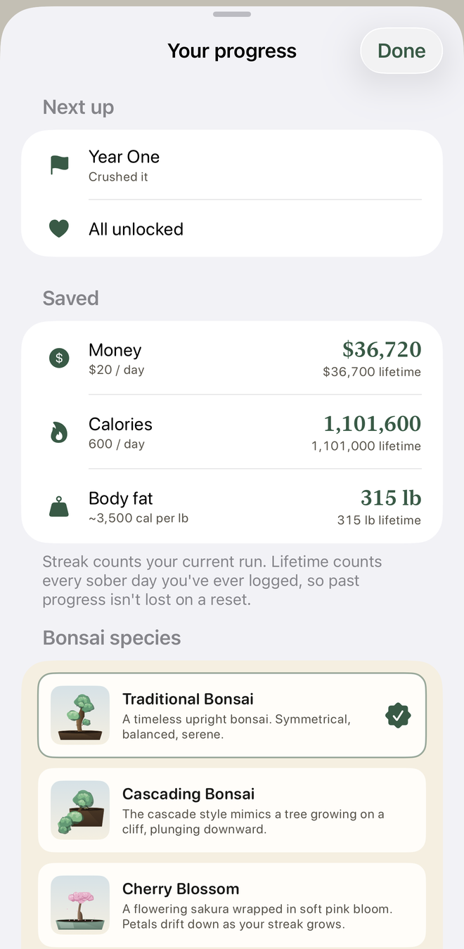 Progress saved: money, pouches, and nicotine avoided over your journey