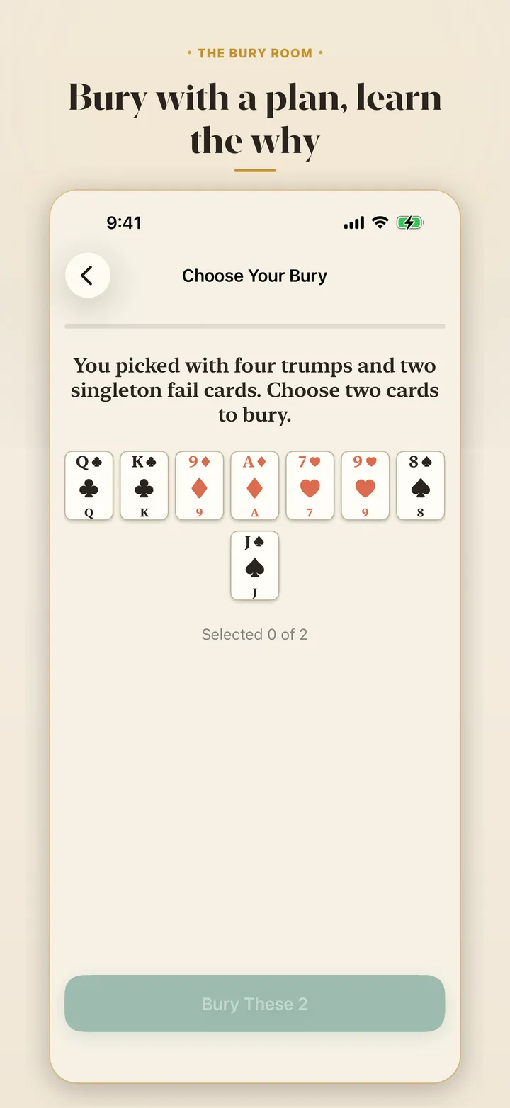 Choose the bury. &middot; An eight-card picker decision with the coach's reasoning