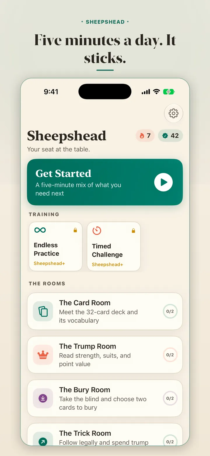 Four practice rooms. &middot; The Sheepshead Trainer home screen and streak