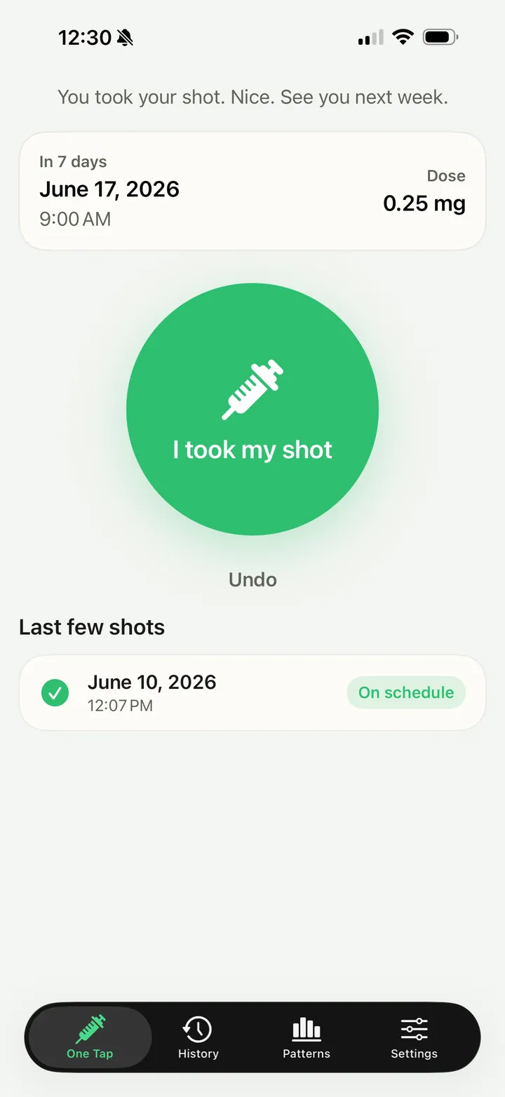 One tap to log your shot: the big shot button on the home screen