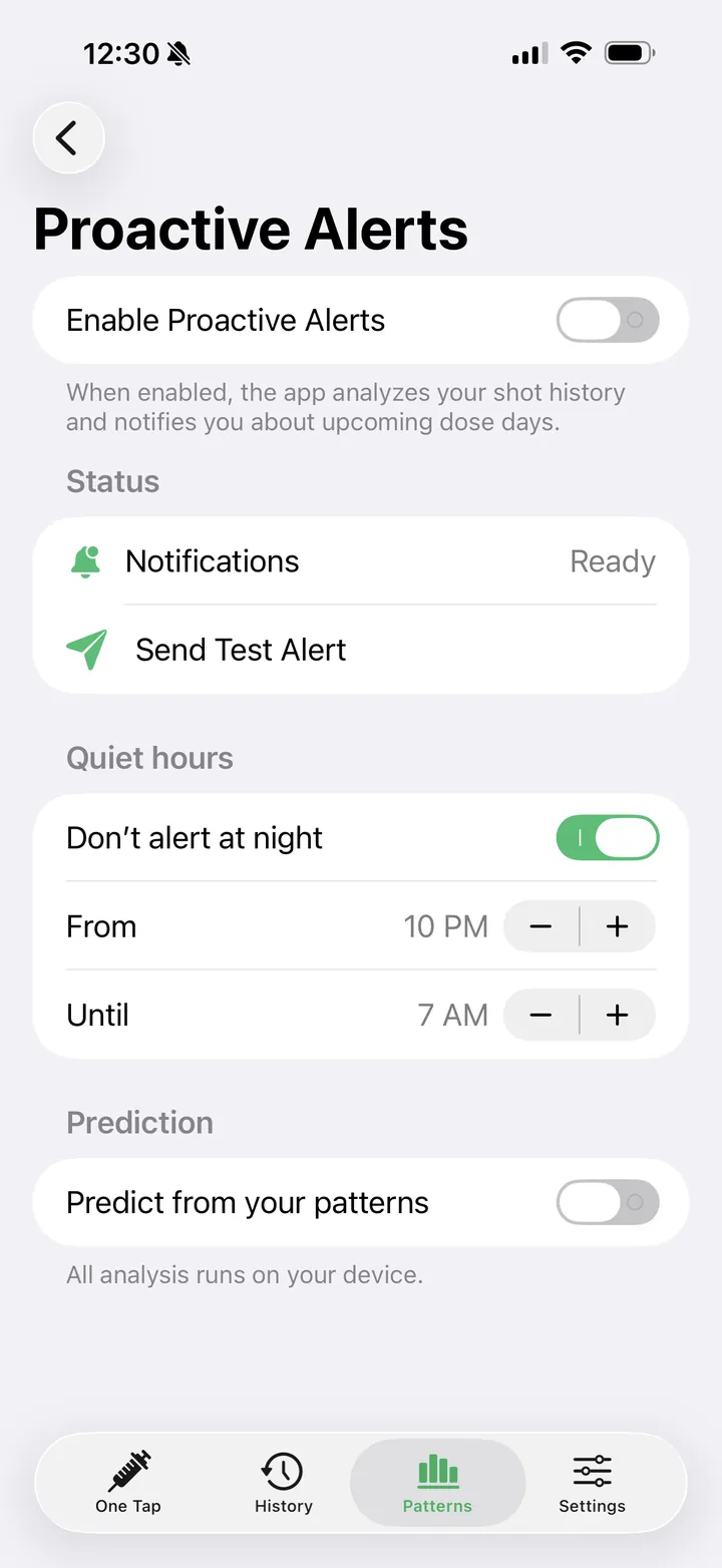 Proactive Alerts: pattern-based dose-day nudges with quiet hours