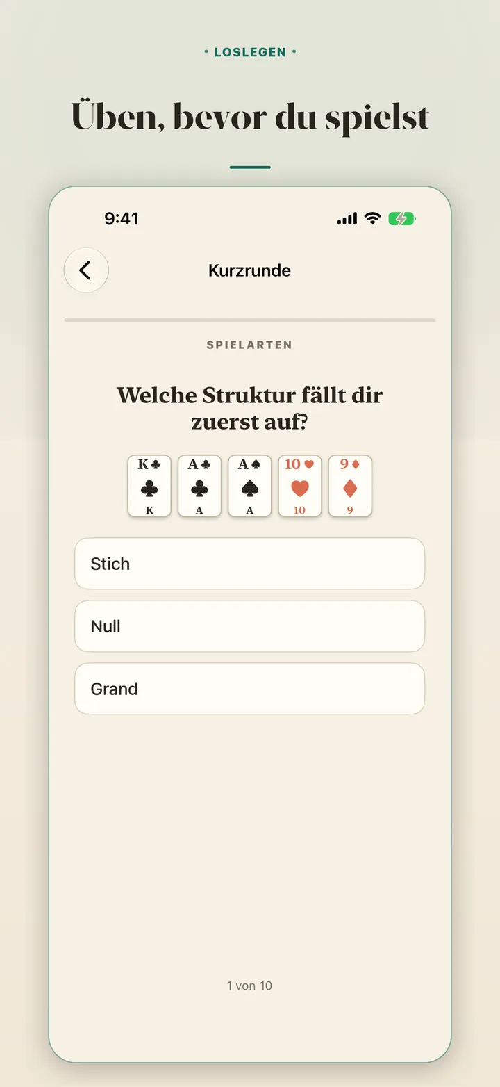 Kurze Übung. &middot; Eine Skat-Übungsrunde läuft