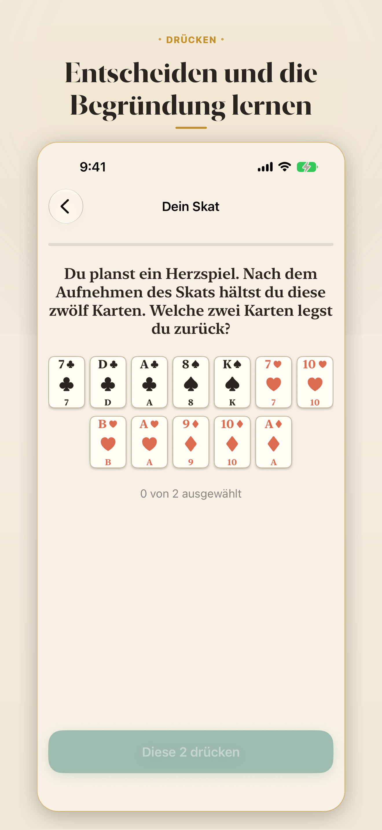 Drücken. &middot; Eine Zwölf-Karten-Hand mit Erklärung zur Entscheidung