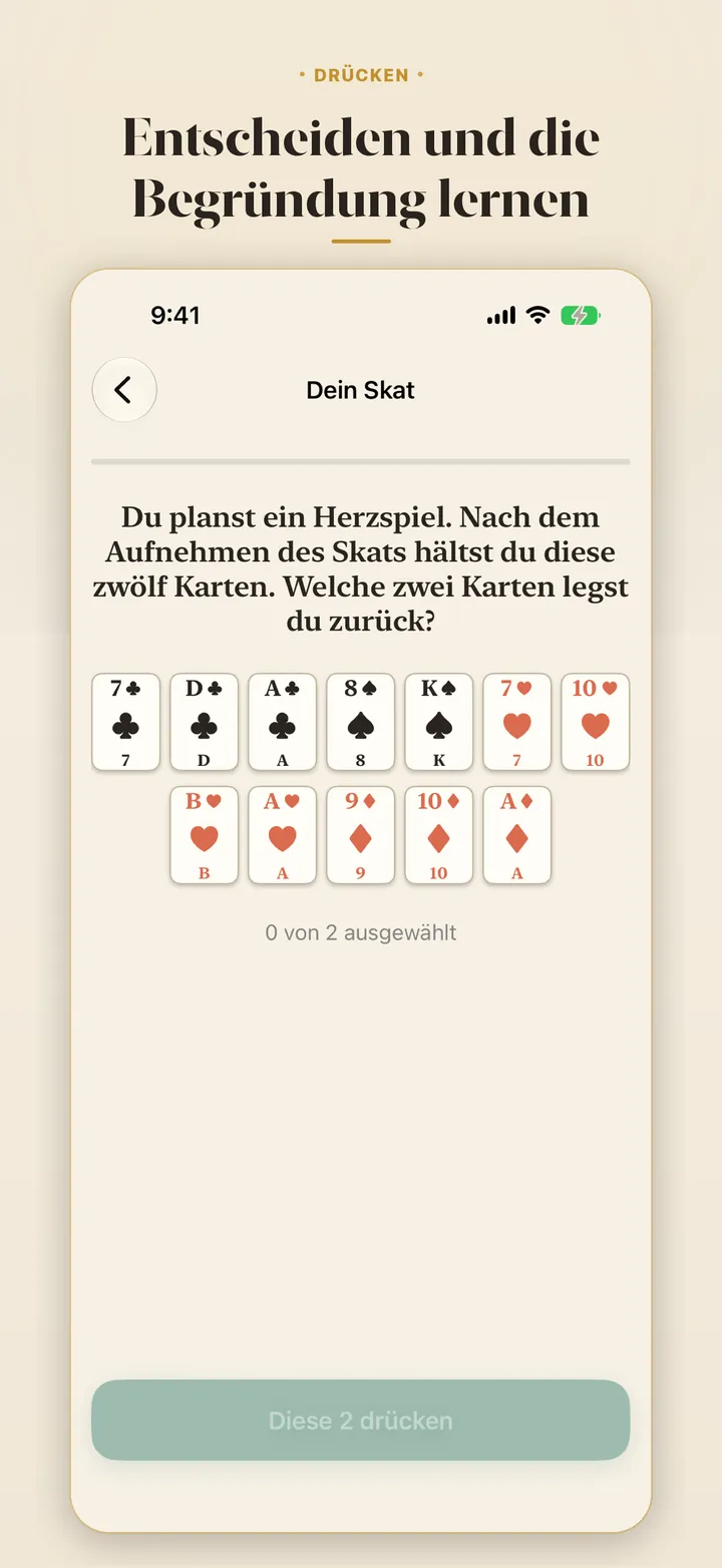 Drücken. &middot; Eine Zwölf-Karten-Hand mit Erklärung zur Entscheidung