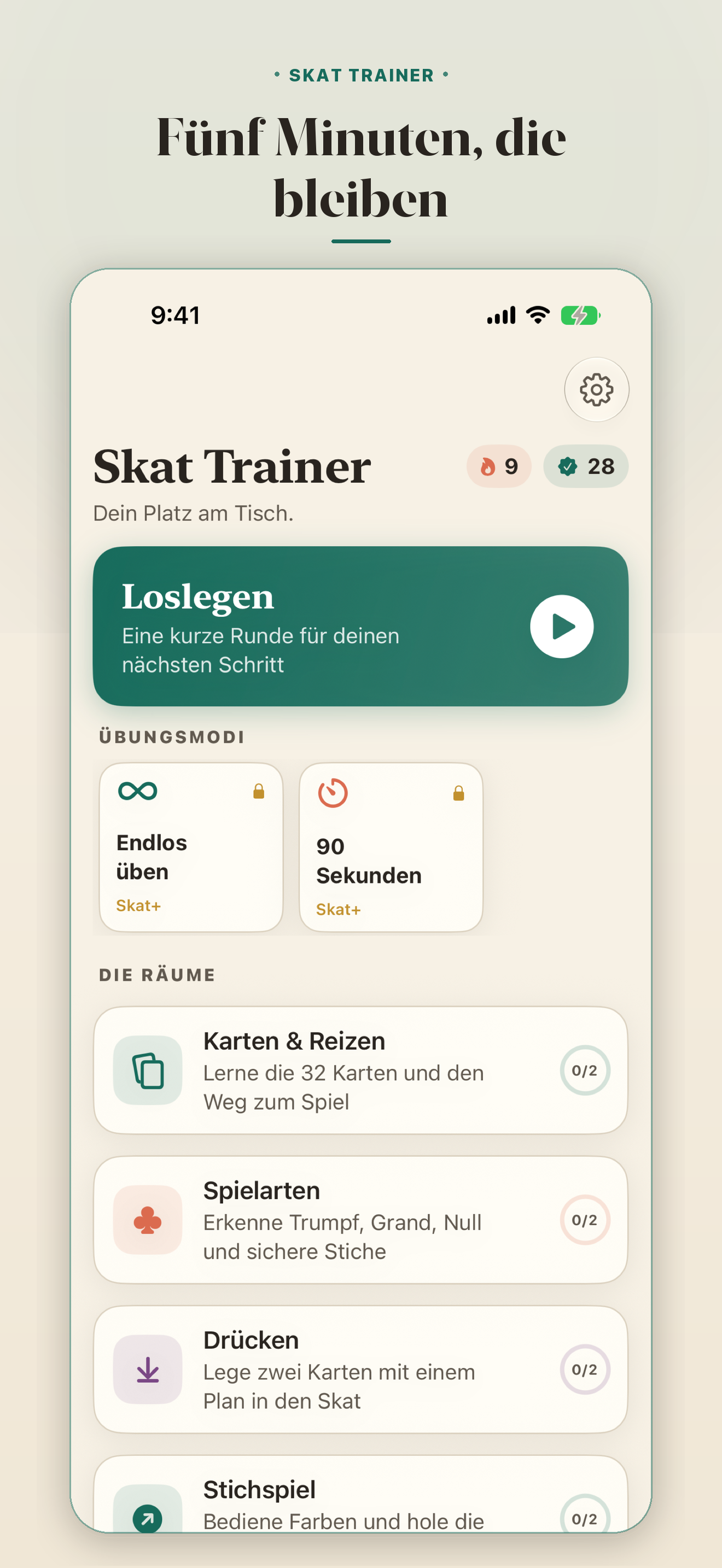 Vier Räume. &middot; Die Startseite mit Fortschritt und Übungsmodi