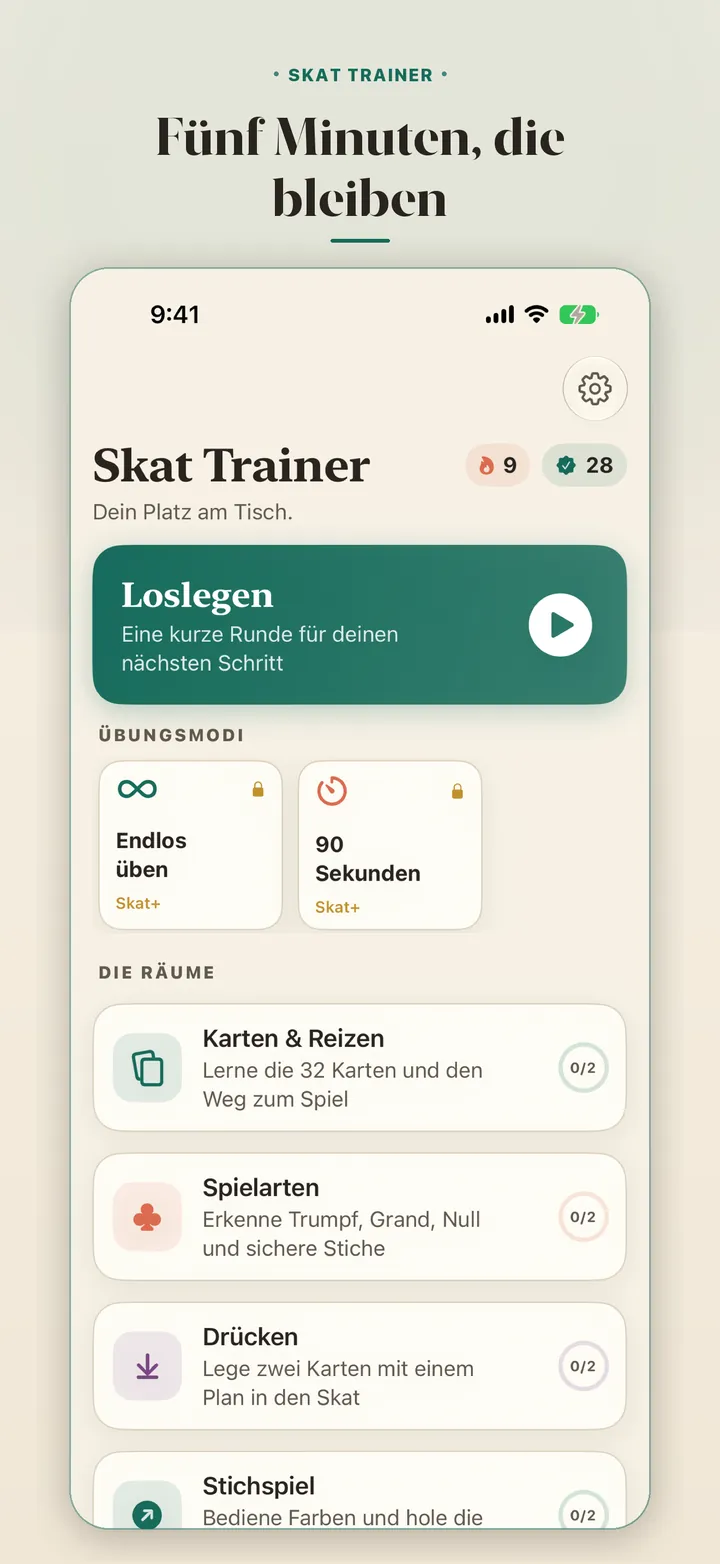 Vier Räume. &middot; Die Startseite mit Fortschritt und Übungsmodi