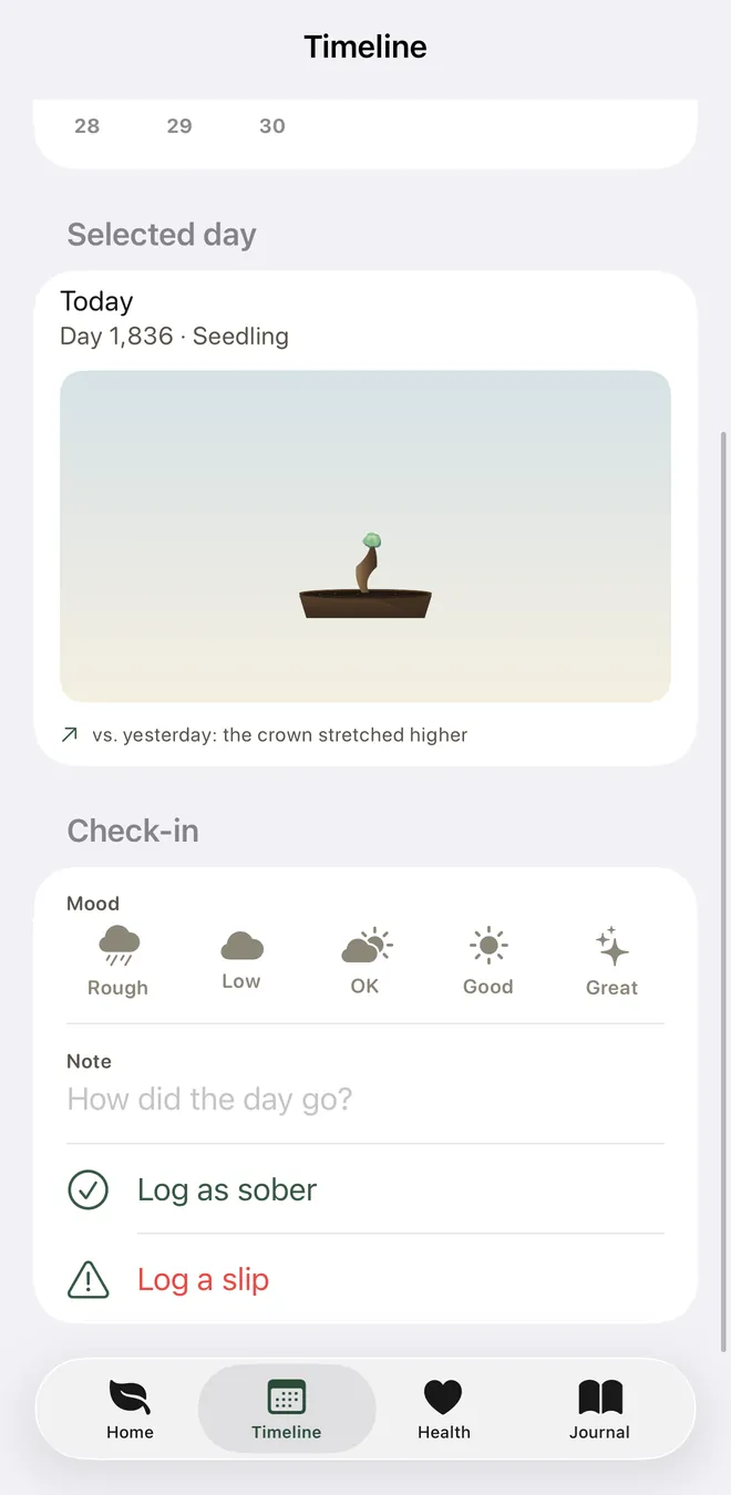 Daily check-in: log your mood, add a note, and water your bonsai
