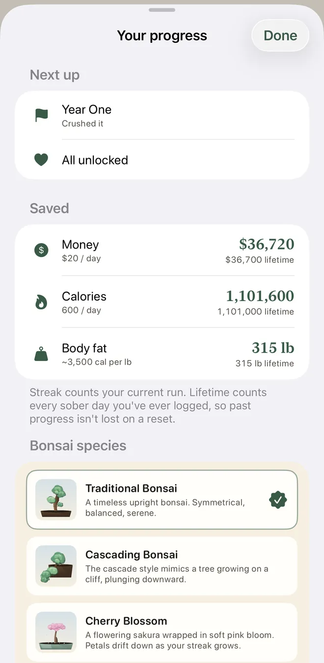 Progress saved: money, calories, and body fat saved over your journey