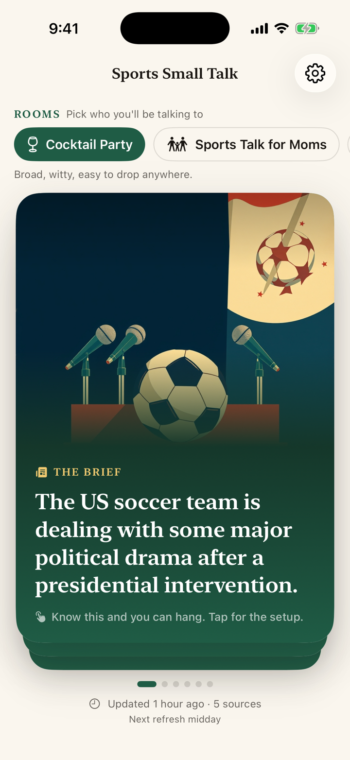 Gist daily briefing with a plain-English summary of the day's sports stories