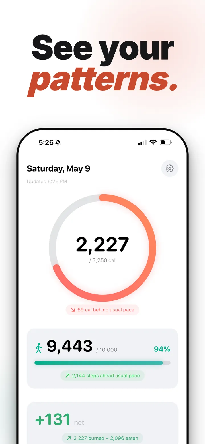 See your patterns. 30-day calorie and step history with trends